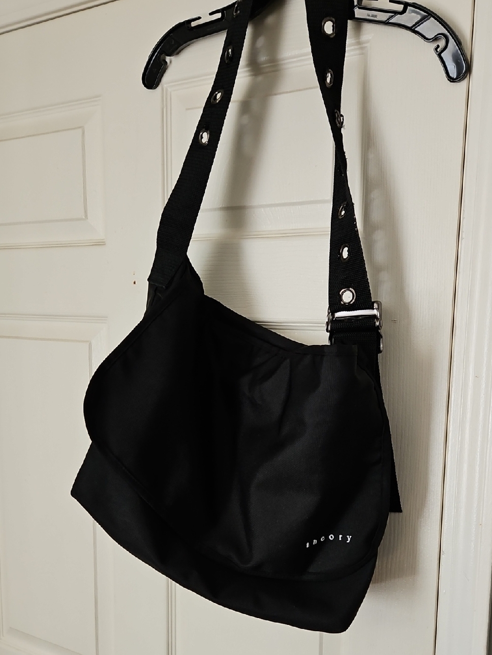 Theory Black Messenger Bag with Grommet Strap